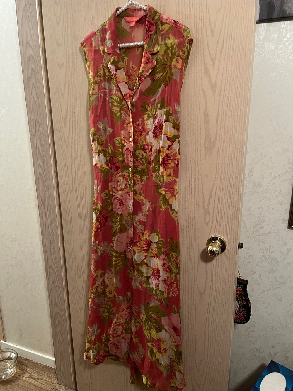 Floral Button-Front Maxi Dress in Coral and Olive Colours
